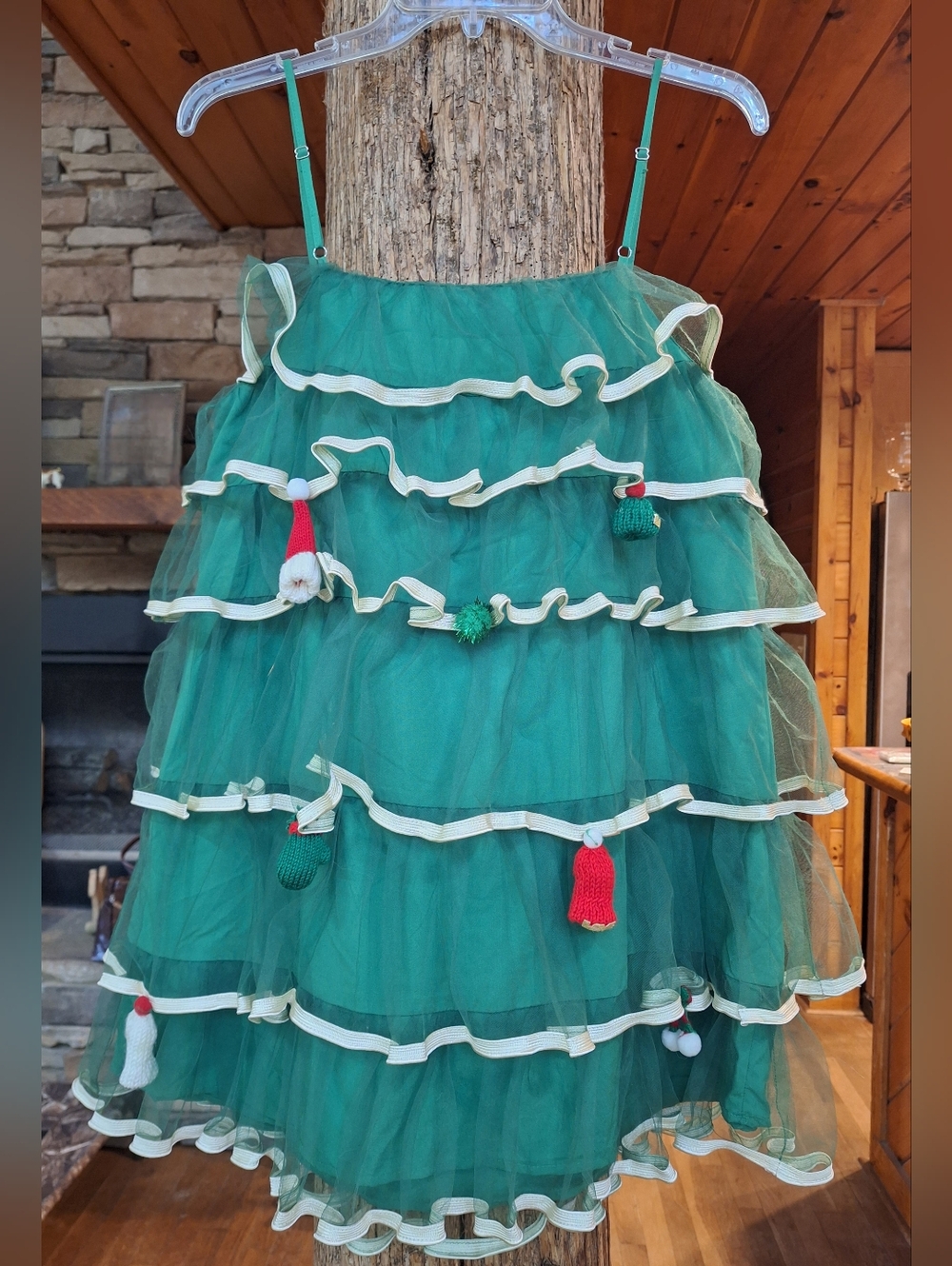 Green Layered Tulle Holiday Dress with Pom Charms By Forever 21 Size Medium